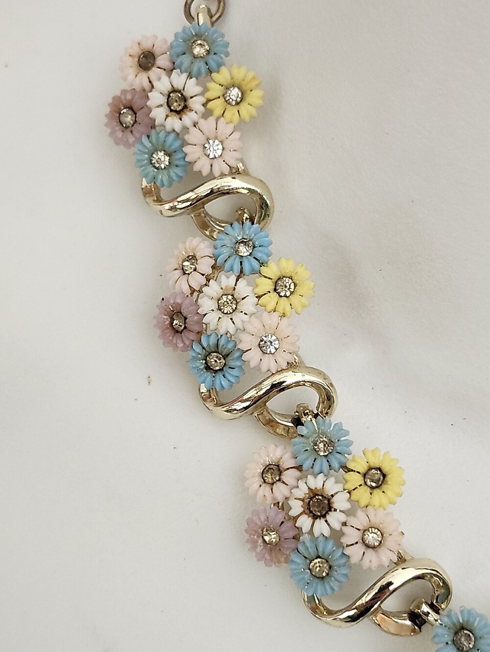 Vtg Pastel Floral Gold-Tone Necklace - Pink, Blue & Yellow - Picture 8 of 16